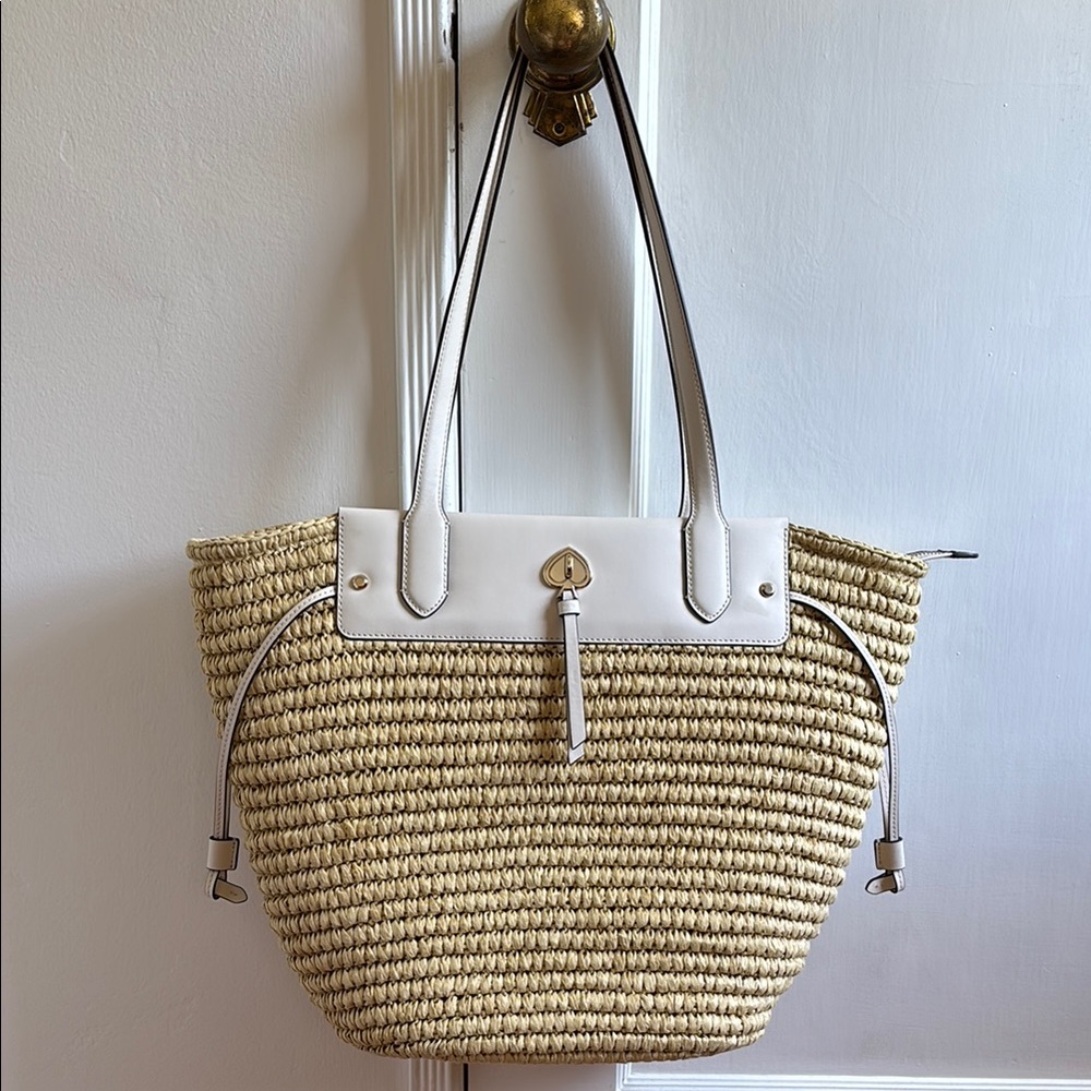 Kate Spade Straw Woven Parchment White Leather Tote Shoulder Bag